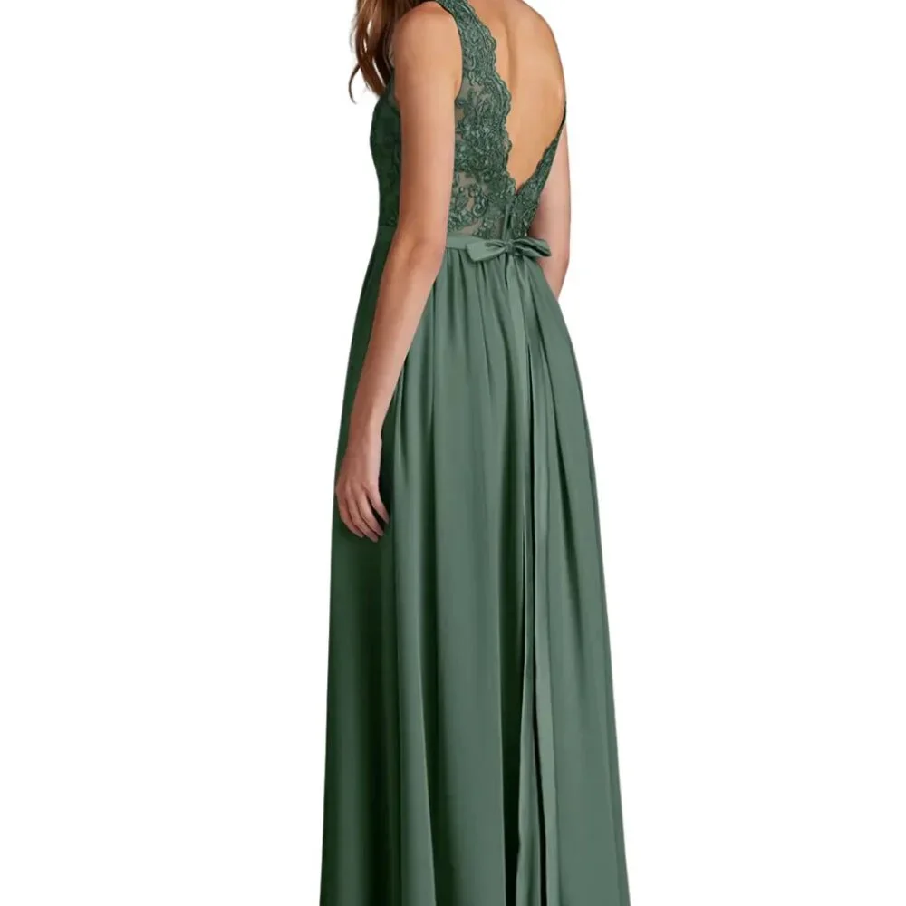 Azazie Green Lace Bodice Chiffon Gown with Side Slit - Picture 3 of 10